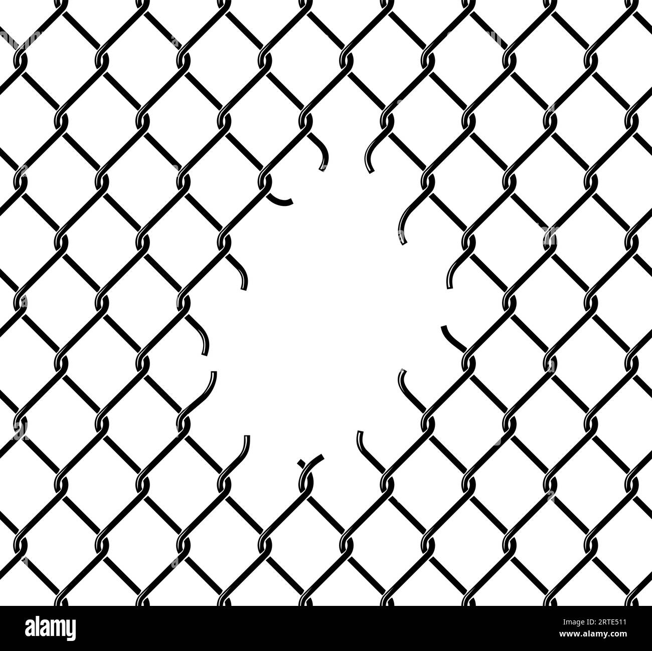 Maillon de chaîne Rabitz, motif de maille de clôture déchiré, fond vectoriel. Clôture en fil métallique de fer ou filet à maillons de chaîne de rabitz, avec trou cassé ou dommage par effraction de la cage, ou prison et barrière de sécurité de prison Illustration de Vecteur