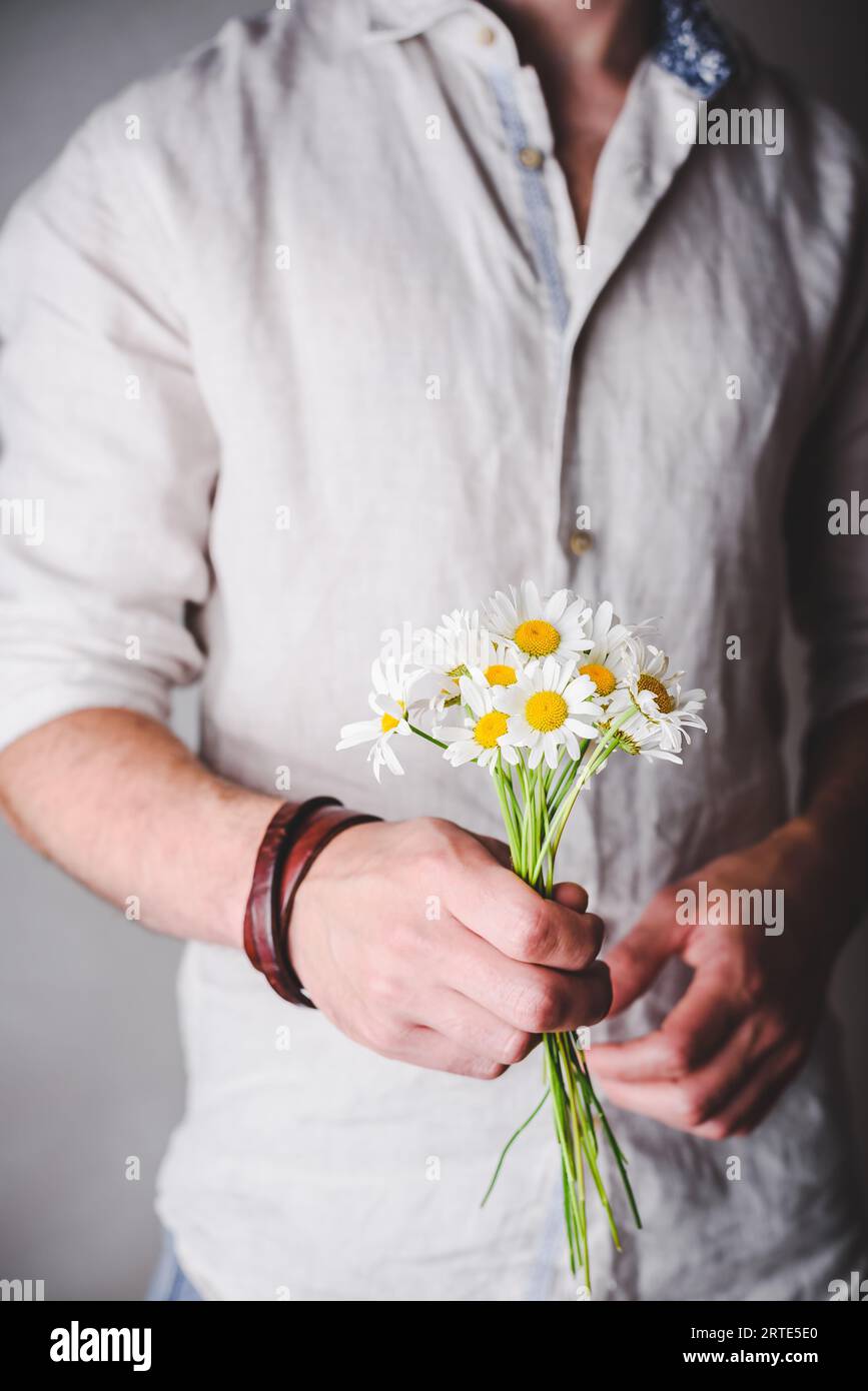 Bouquet de fleurs de Daisy fraîchement cueillies dans les mains masculines Banque D'Images