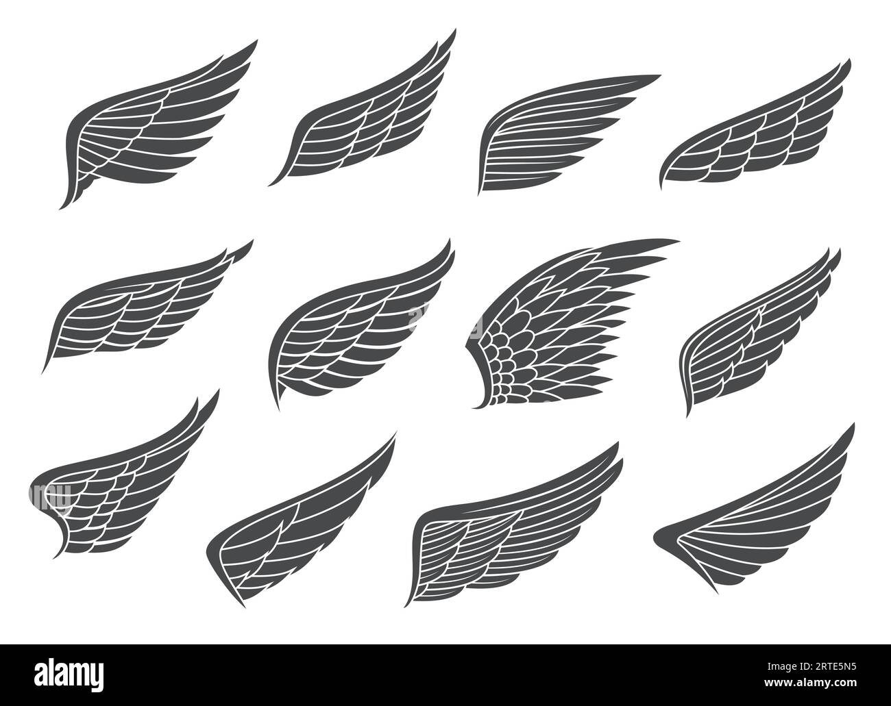 Tatouage d'aile. Ange, oiseau aigle déployant des ailes avec des plumes. Les ailes noires de faucon, de faucon ou de pigeon encadrent des emblèmes vectoriels, des symboles isolés du ciel et de la liberté, des icônes vintage Illustration de Vecteur