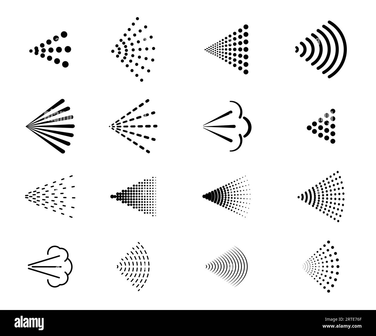 Icônes de pulvérisation du pulvérisateur d'air d'eau ou du jet de buse d'aérosol, symboles de ligne vectorielle. Pictogrammes de jet de brouillard pulvérisé ou saupoudré pour diffuseur ou atomiseur désinfectant, pulvérisateur antiseptique et pulvérisation de déodorant Illustration de Vecteur