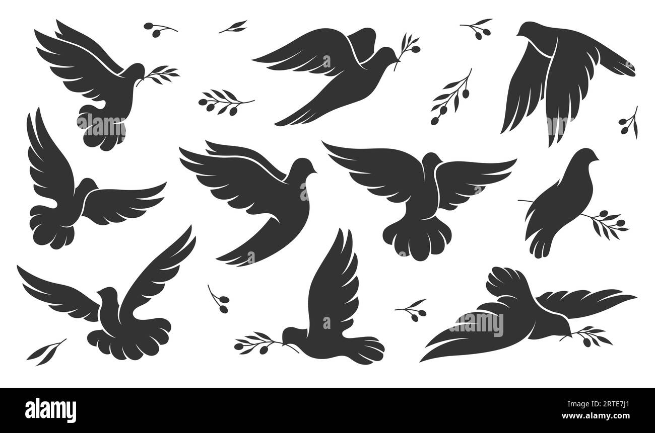 Silhouettes d'oiseaux de colombe de Noël, de paix ou de mariage, icônes de pigeon vecteur. Colombes avec branche de feuille d'olivier, symbole d'amour, d'espoir et de liberté, Saint esprit de Pâques et religion, silhouettes de colombe volante Illustration de Vecteur