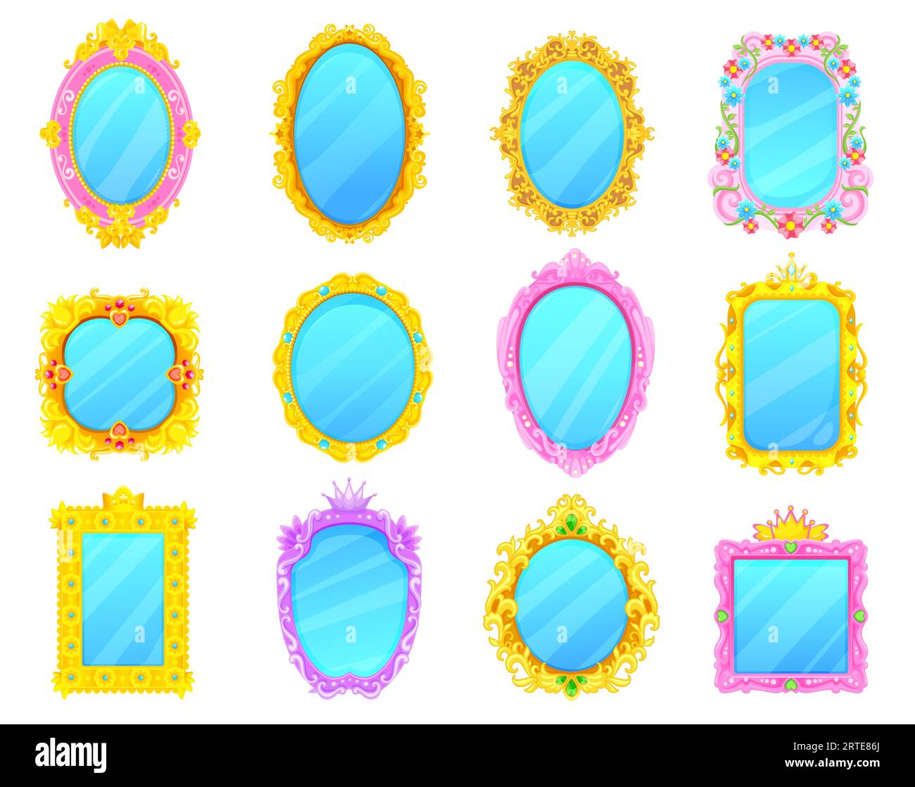 Miroirs Princess dans des cadres dorés et roses. Miroirs vintage de dessin animé ou vecteur regardant le verre de princesse de conte de fées, reine ou petite fille avec des bordures de cadre ornées de motif doré, couronnes royales, fleurs Illustration de Vecteur
