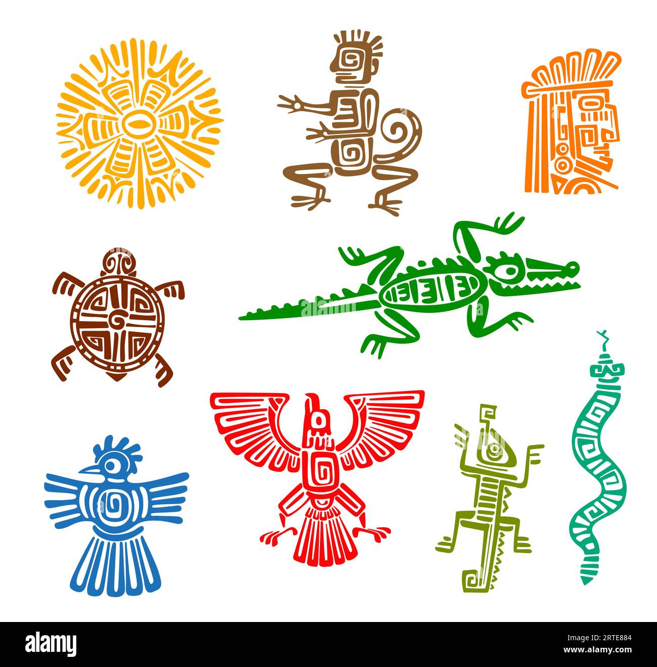 Les totems aztèques mayas de l'ancien oiseau aigle mexicain, singe, serpent et dieu Inca font face à des symboles vectoriels. Soleil tribal isolé, tortue, lézard caméléon, crocodile et corbeau avec motif ethnique de couleur de Maya Illustration de Vecteur