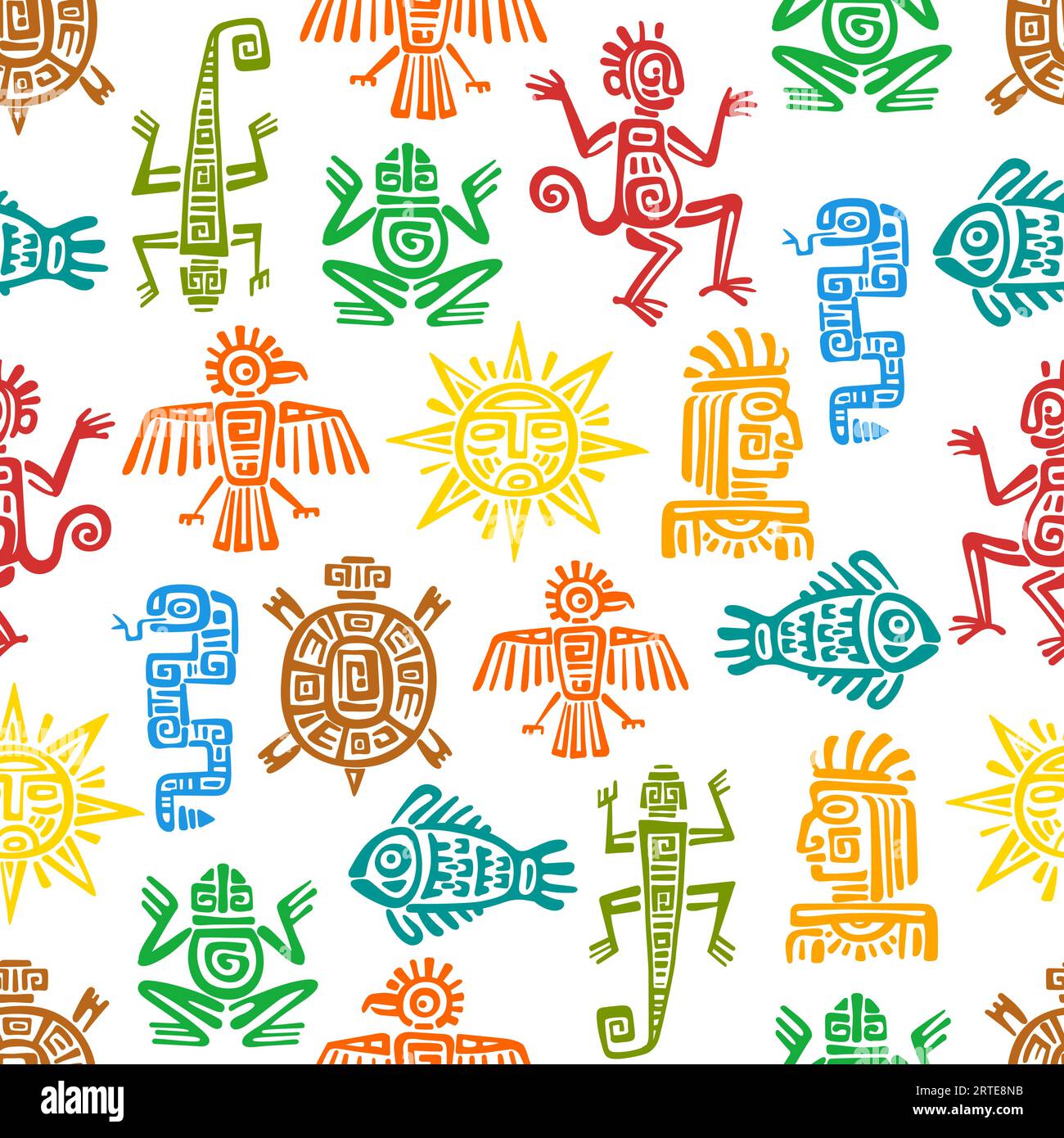 Maya, aztèque totems fond de motif sans couture, vecteurs symboles tribaux mexicains. Mayan ou Mexique tribu Inca totem signes d'animaux et de soleil, motif ethnique aztèque ou Maya de poissons, lézard, tortue et serpent Illustration de Vecteur