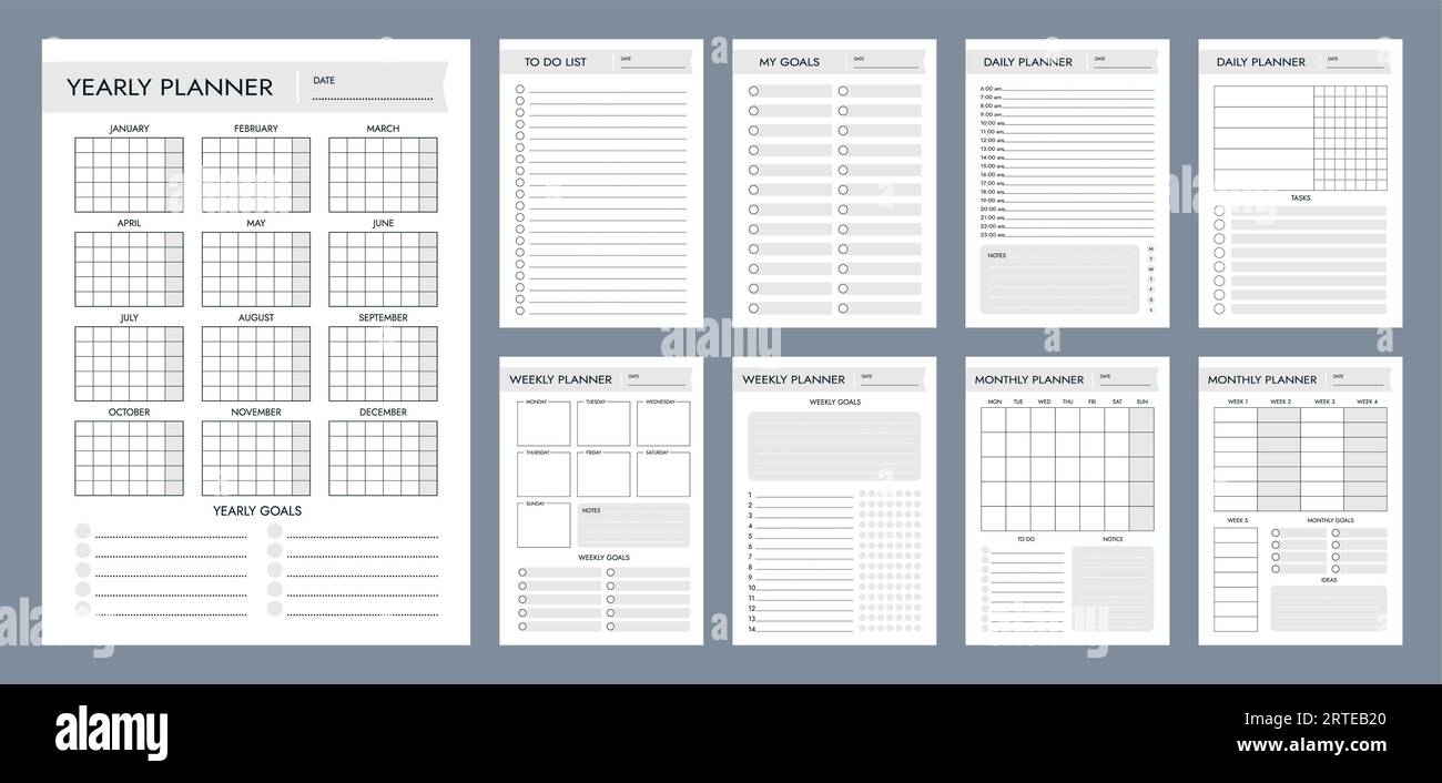 Modèles de page Planner pour les calendriers vectoriels de planification de l'année, du mois et de la journée définis. Construisez votre agenda personnel et professionnel de manière efficace. Fournitures de gestion du temps pour la planification d'événements et de réunions Illustration de Vecteur