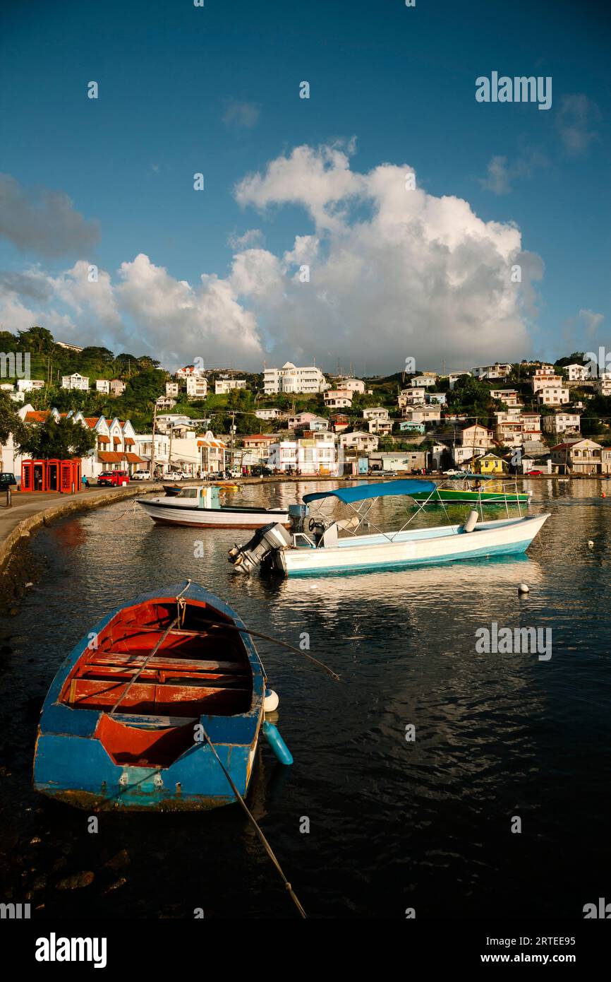 Scène du port avec des bateaux de pêche colorés amarrés près de la rive et la capitale de la ville portuaire de St Georges en arrière-plan sur une journée ensoleillée Banque D'Images