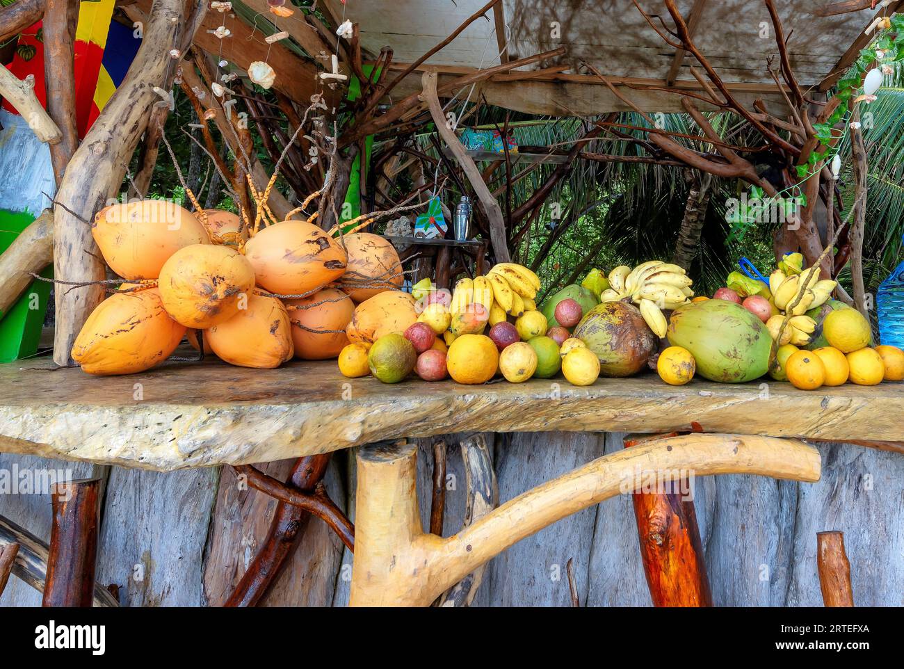 Bar de plage avec des fruits locaux mélangés dans une table en bois dans l'île tropicale des Seychelles. Banque D'Images
