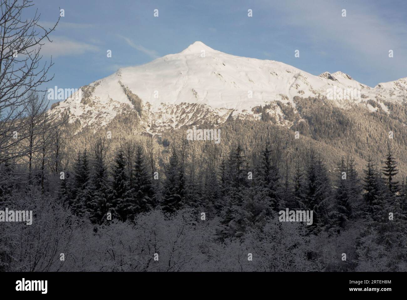 McGinnis Mountain tôt le matin après une neige fraîche ; Juneau, Alaska, États-Unis d'Amérique Banque D'Images