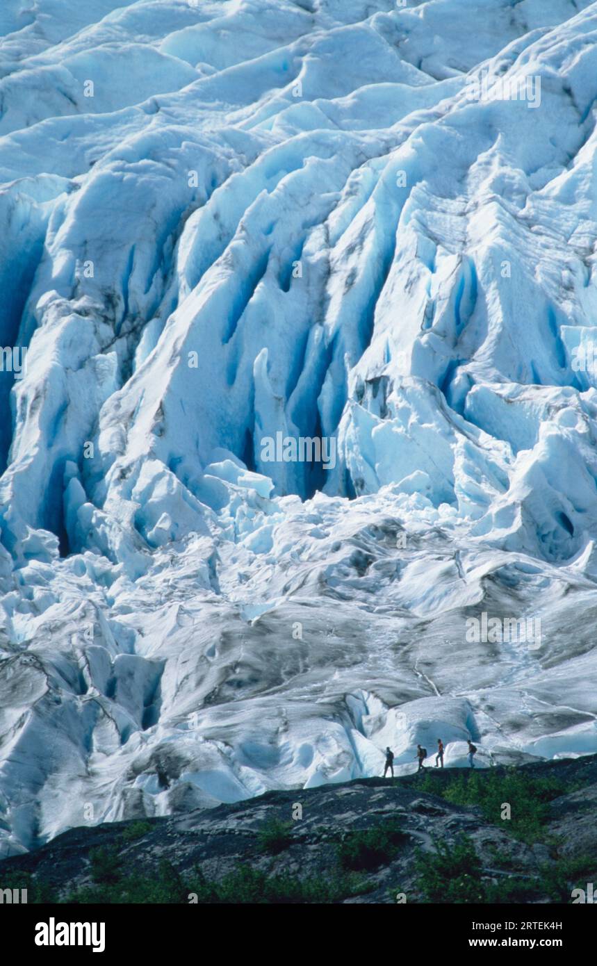 Quittez Glacier vu de l'entrée du visiteur, avec quatre randonneurs marchant sur la boucle supérieure, Kenai Mountains, Kenai Fjords National Park, Alaska, USA Banque D'Images