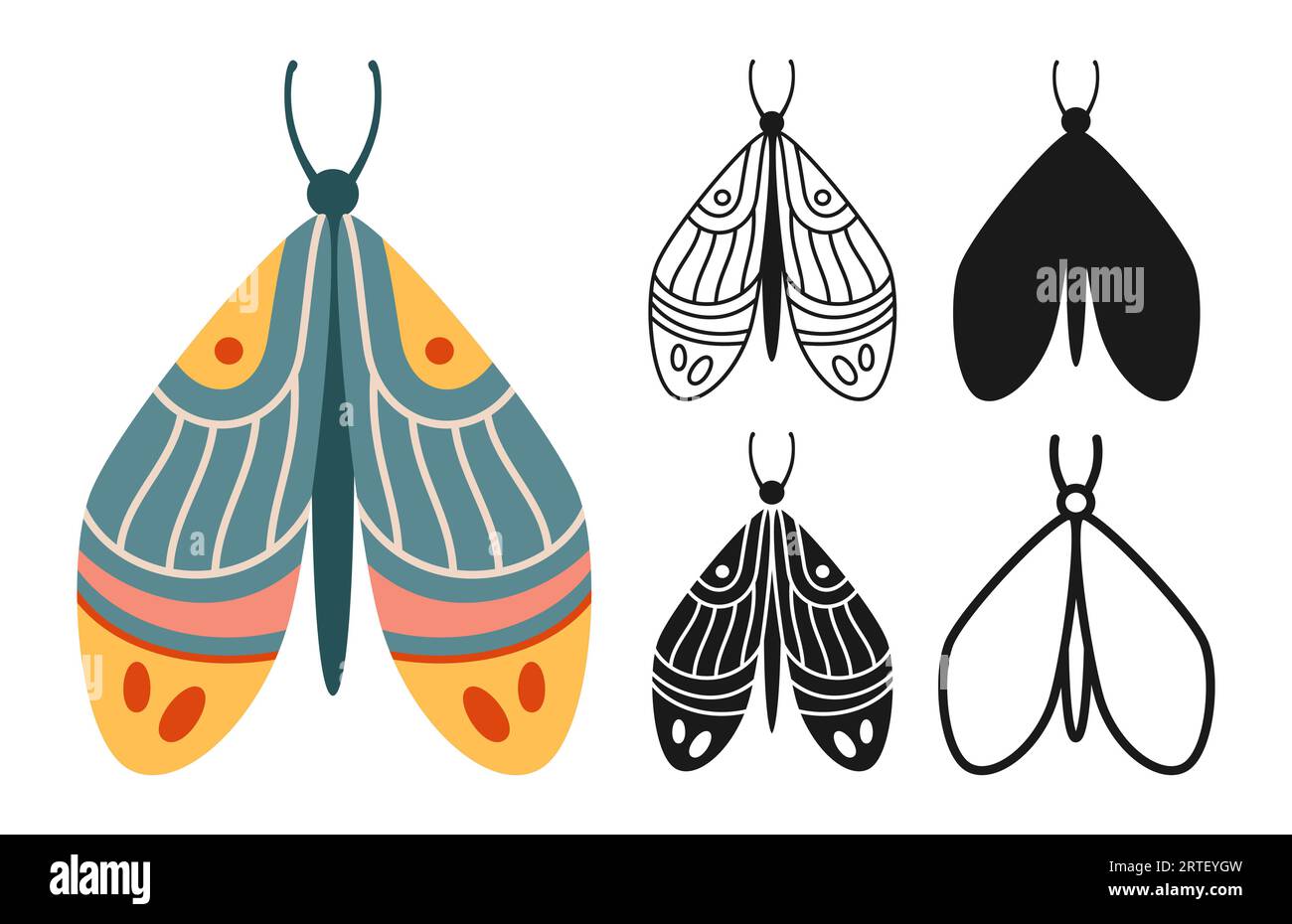 Ensemble fantaisie rétro papillon. Mystique bohème symbole papillon des ailes d'insecte avec ornement. Coloré, silhouette ou symbole, ligne de tatouage doodle ornée de papillon céleste. Vecteur tendance de décoration ornée Illustration de Vecteur