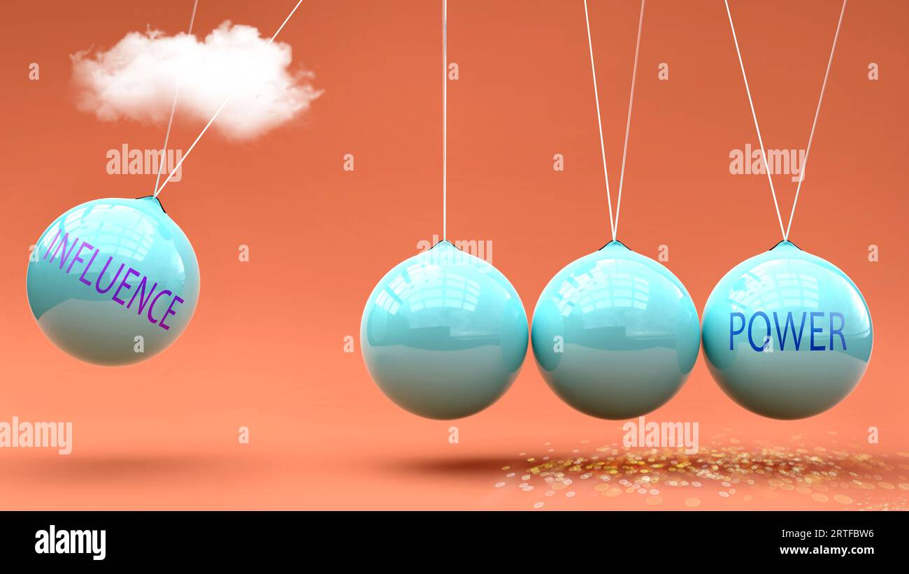 L'influence mène au pouvoir. Une métaphore dans laquelle l'influence donne le pouvoir de mettre le pouvoir en mouvement. Relation de cause à effet entre eux.,illustration 3D. Banque D'Images