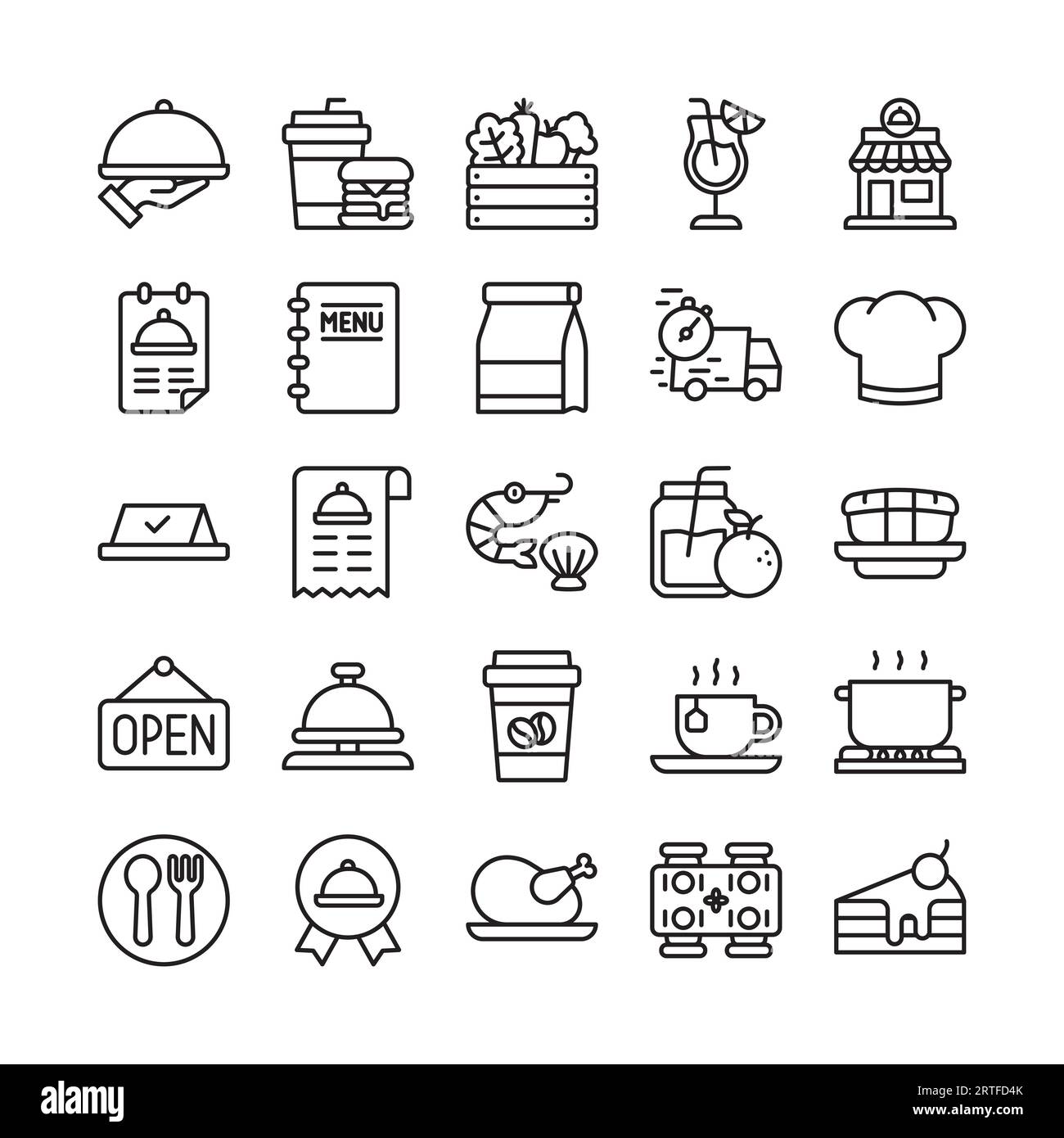Icône de la nourriture et du restaurant définie dans le style de contour de ligne Illustration de Vecteur