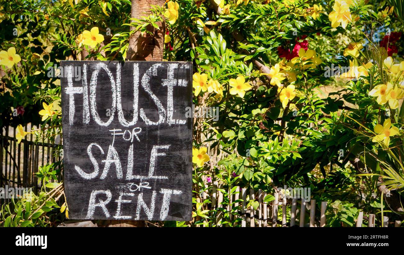 Un panneau noir annonçant une maison à vendre ou à louer, sur l'île de Mindoro aux Philippines. Banque D'Images