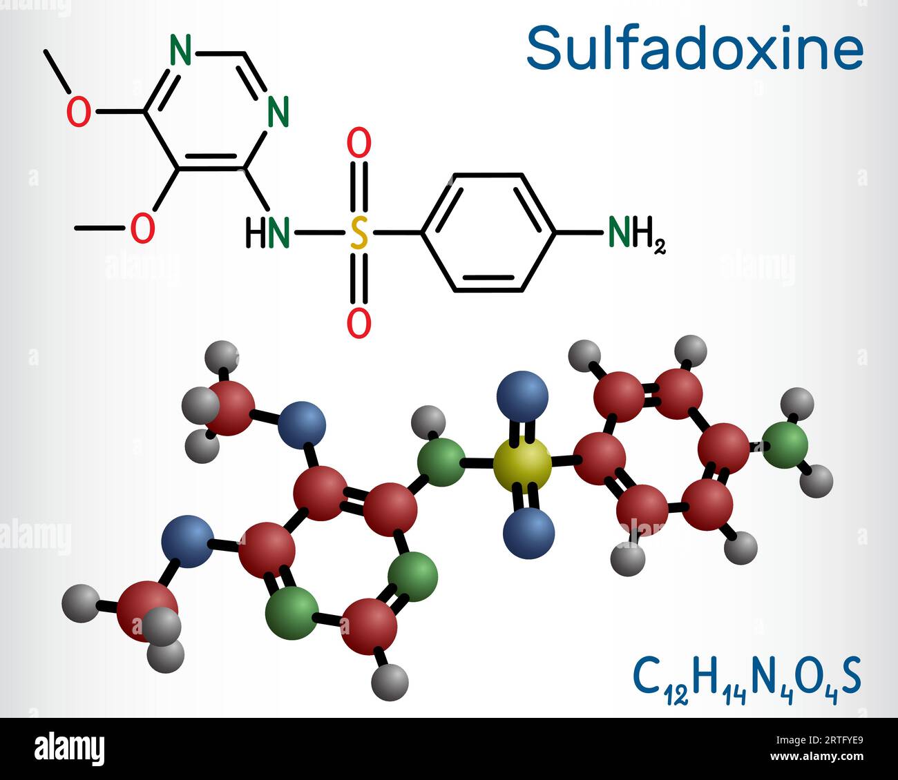 Sulfadoxine, molécule de sulfadoxine. Il s'agit d'un sulfamide à action prolongée utilisé pour le traitement du paludisme. Formule chimique structurale, modèle moléculaire. Vect Illustration de Vecteur