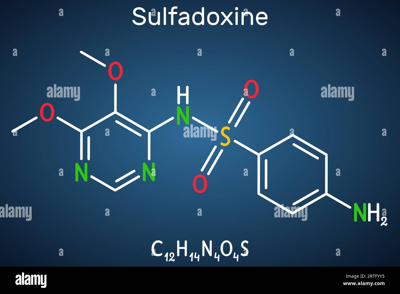 Sulfadoxine, molécule de sulfadoxine. Il s'agit d'un sulfamide à action prolongée utilisé pour le traitement du paludisme. Formule chimique structurale sur le dos bleu foncé Illustration de Vecteur