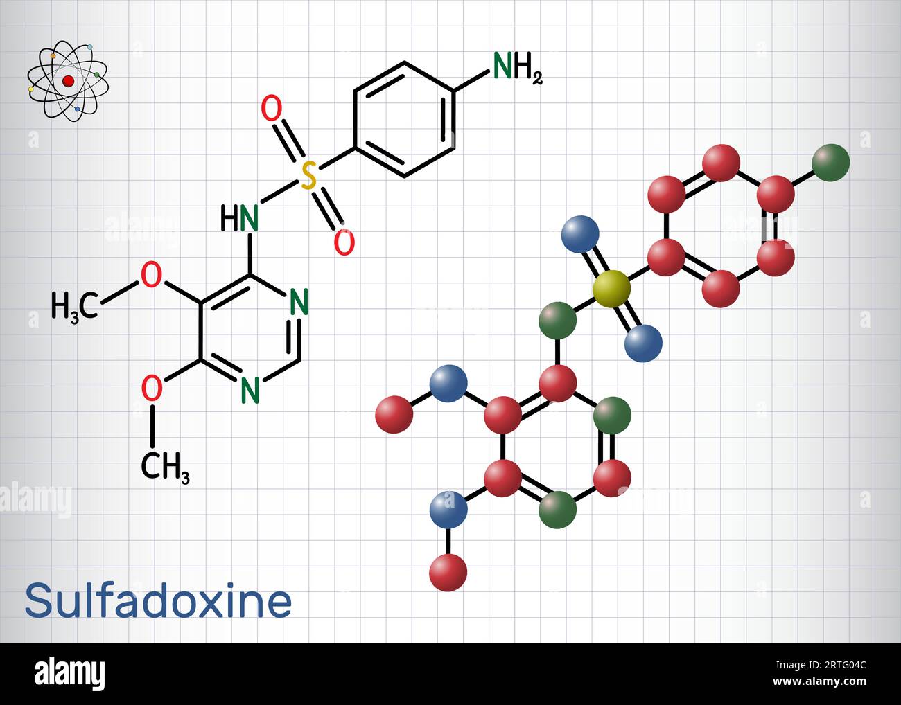 Sulfadoxine, molécule de sulfadoxine. Il s'agit d'un sulfamide à action prolongée utilisé pour le traitement du paludisme. Formule chimique structurale, modèle moléculaire. Shee Illustration de Vecteur