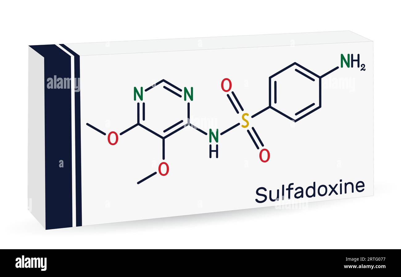 Sulfadoxine, molécule de sulfadoxine. Il s'agit d'un sulfamide à action prolongée utilisé pour le traitement du paludisme. Formule chimique squelettique. Emballage papier pour dr Illustration de Vecteur