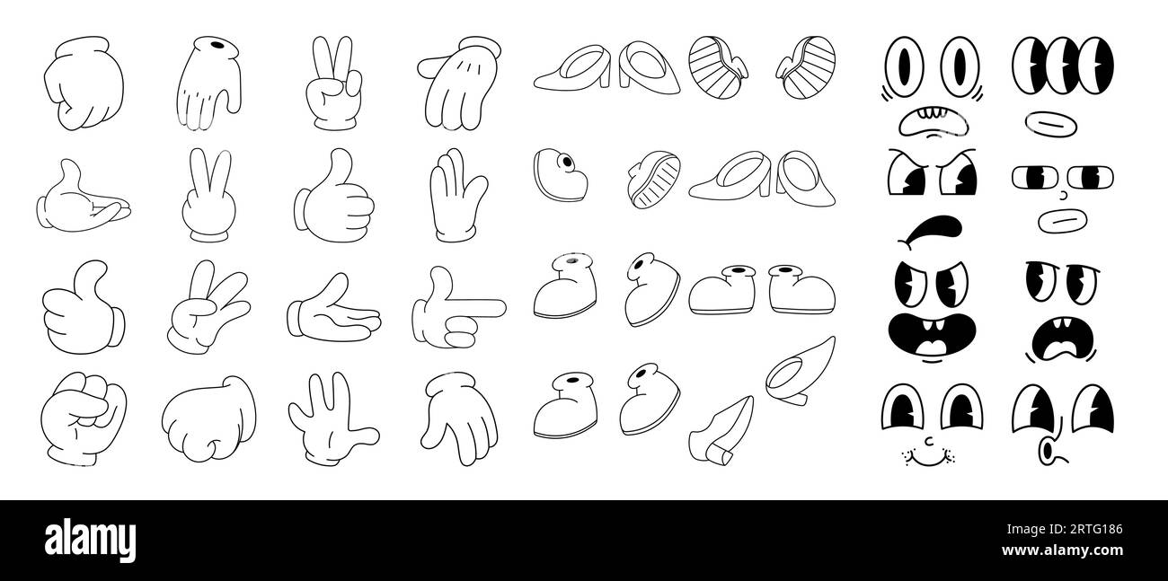 Ensemble de visages comiques, pieds et mains dans le style de bande dessinée rétro tendance des années 70. Mascotte groovy pied, bras, émotions. Illustration isolée. Illustration de Vecteur