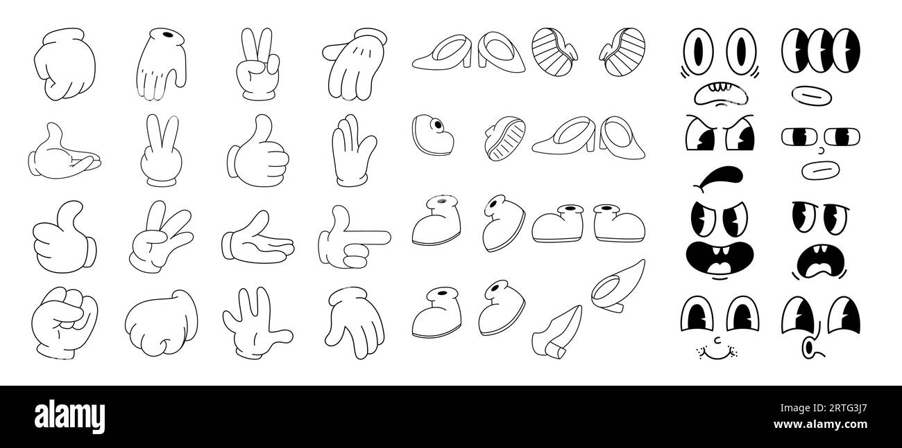 Ensemble de visages comiques, pieds et mains dans le style de bande dessinée rétro tendance des années 70. Mascotte groovy pied, bras, émotions. Illustration isolée. Illustration de Vecteur