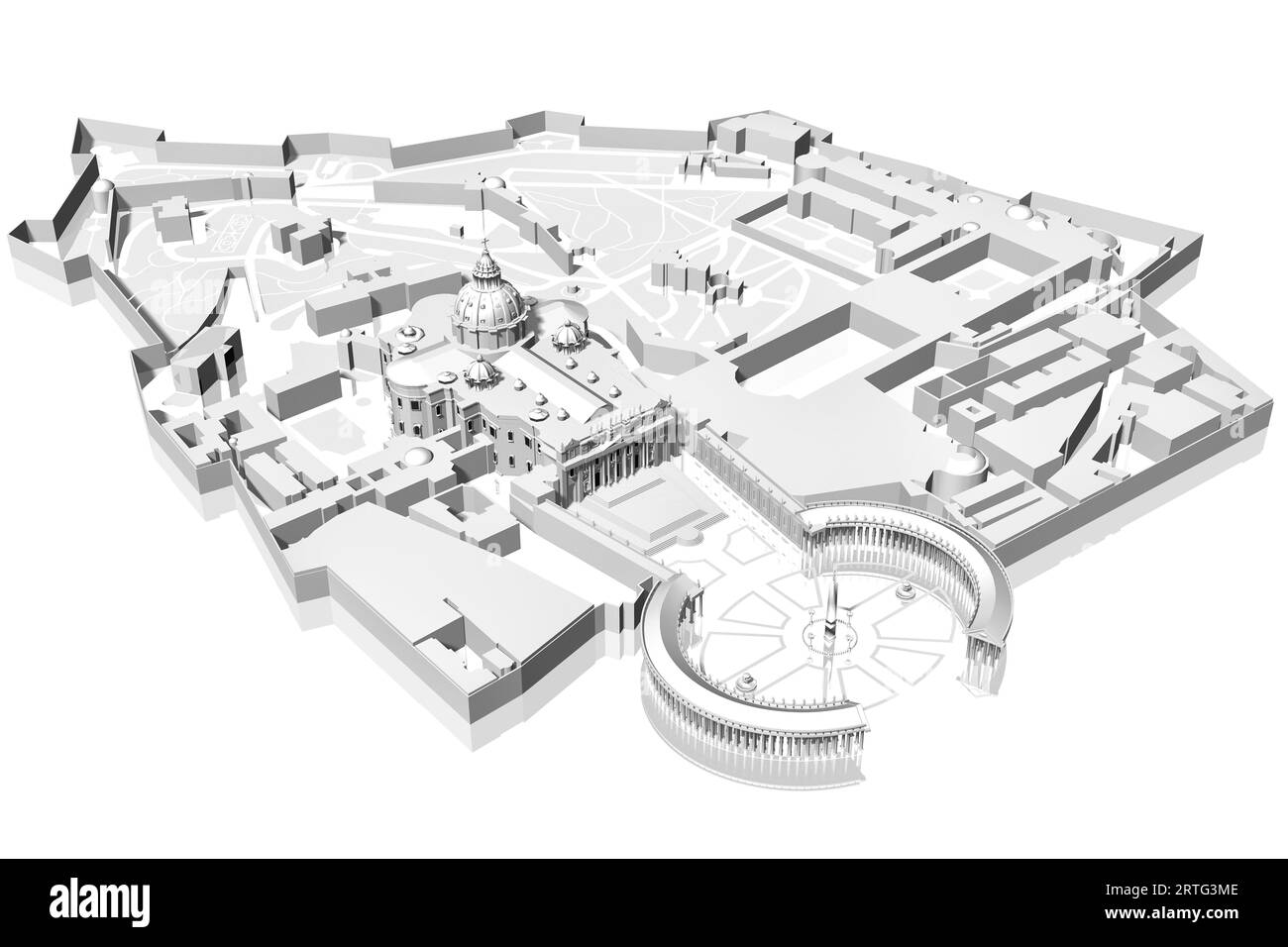 St. La place de Pierre dans la Cité du Vatican dans les États pontificaux photographié d'en haut sur un fond blanc. Illustration 3D. Banque D'Images