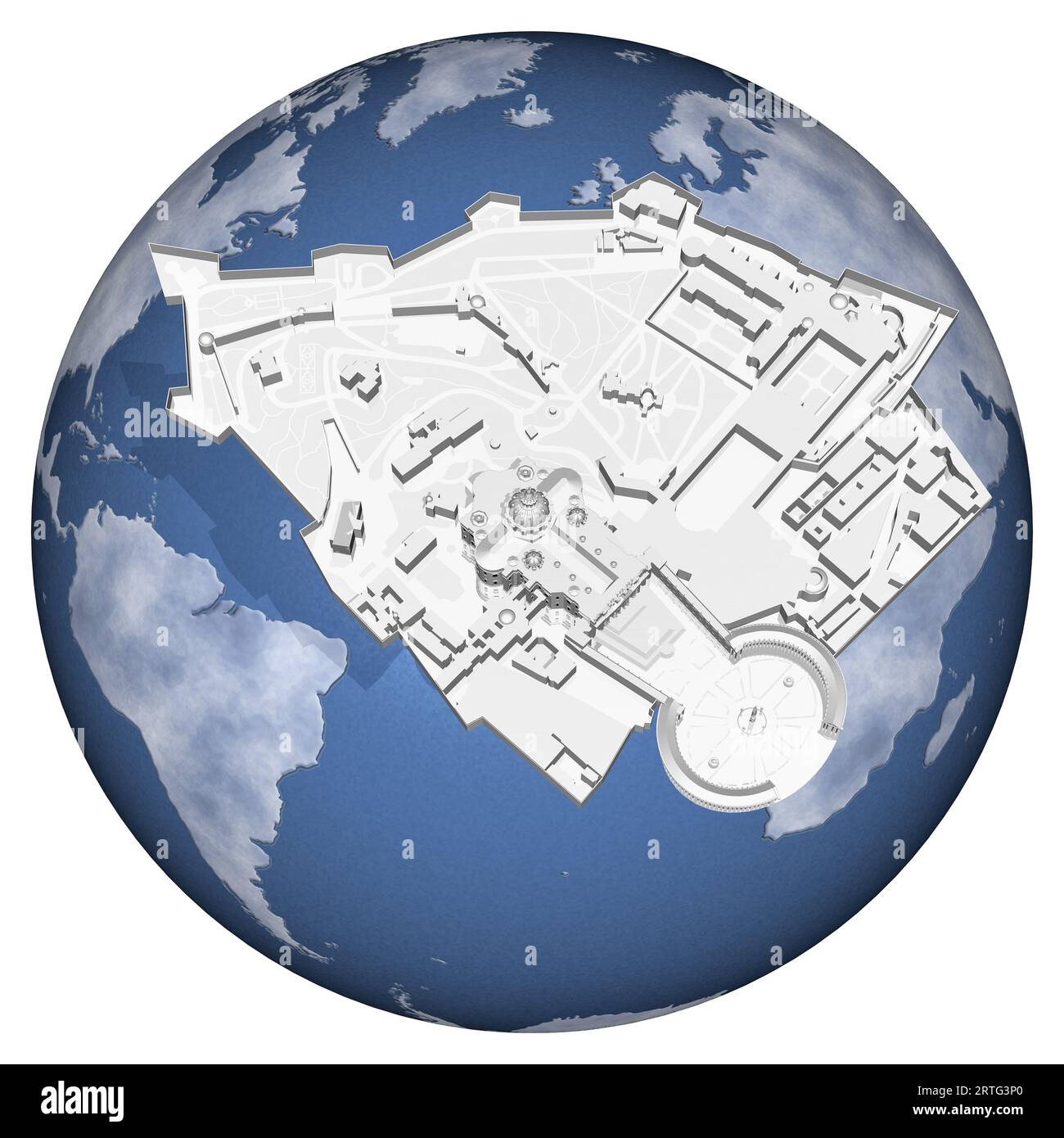 Esquissez, plan et frontières du pays de la Cité du Vatican avec le monde en arrière-plan. Illustration 3D. Banque D'Images
