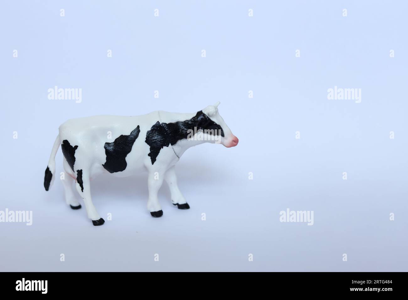 une vache jouet en plastique sur un fond blanc Banque D'Images