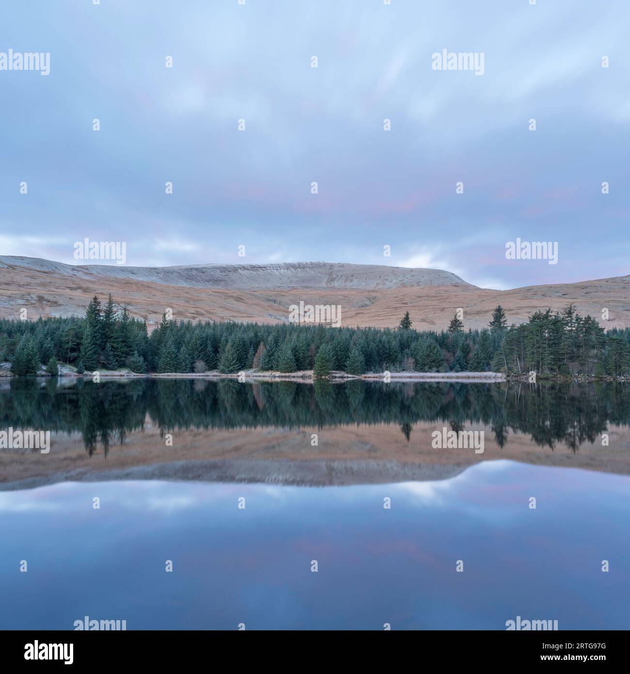 Montagnes et limite des arbres, reflétées dans les eaux calmes d'un lac de montagne. Brecon Beacons Banque D'Images
