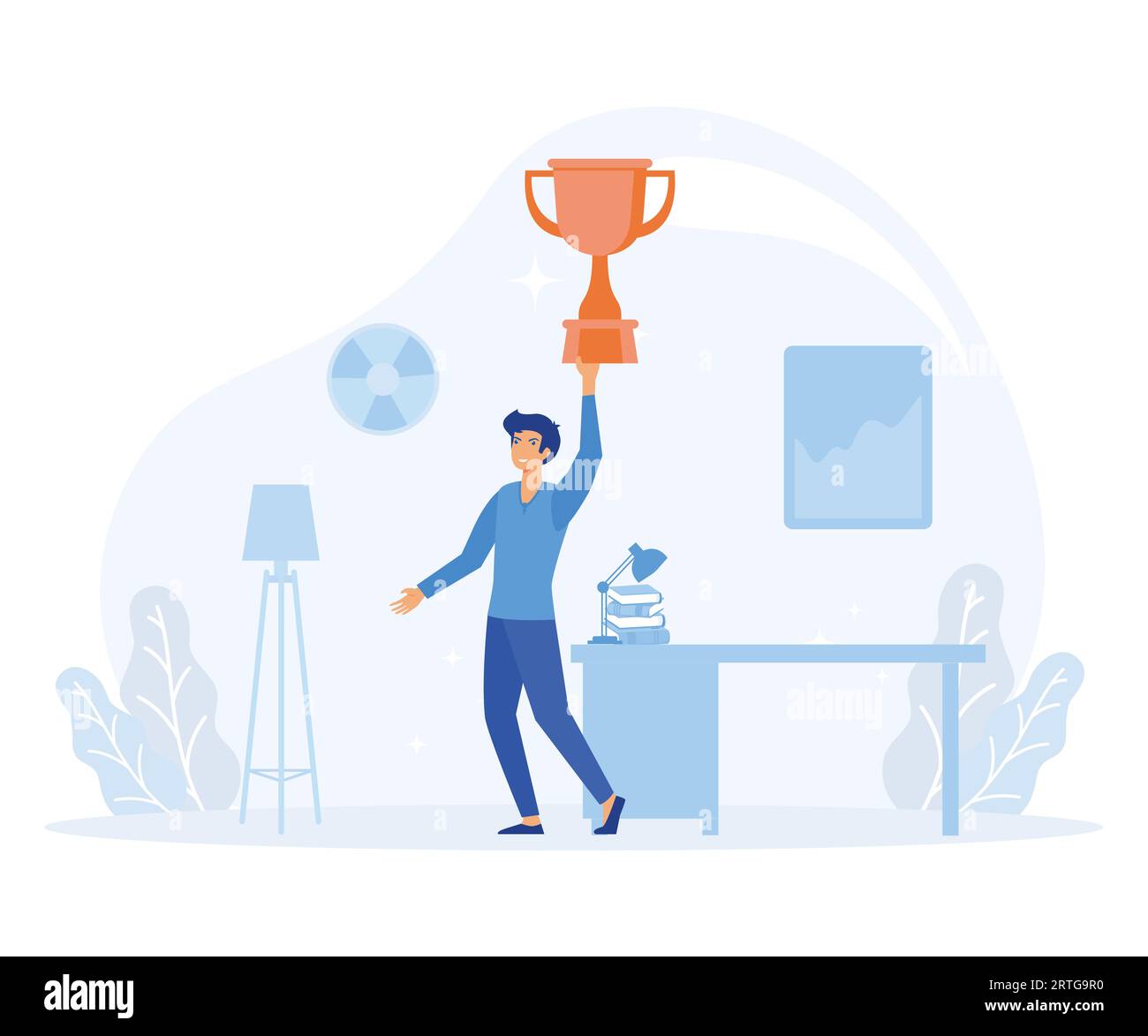 concept de succès d'entreprise, homme d'affaires tenant le grand symbole de trophée de son succès. illustration moderne vectorielle plate Illustration de Vecteur