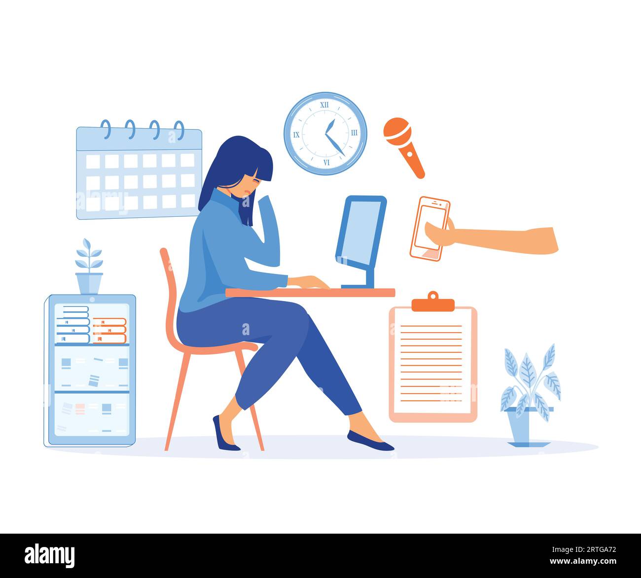 Concept de multitâche et de gestion du temps. Femme d'affaires entourée de mains avec des choses de bureau. illustration moderne vectorielle plate Illustration de Vecteur