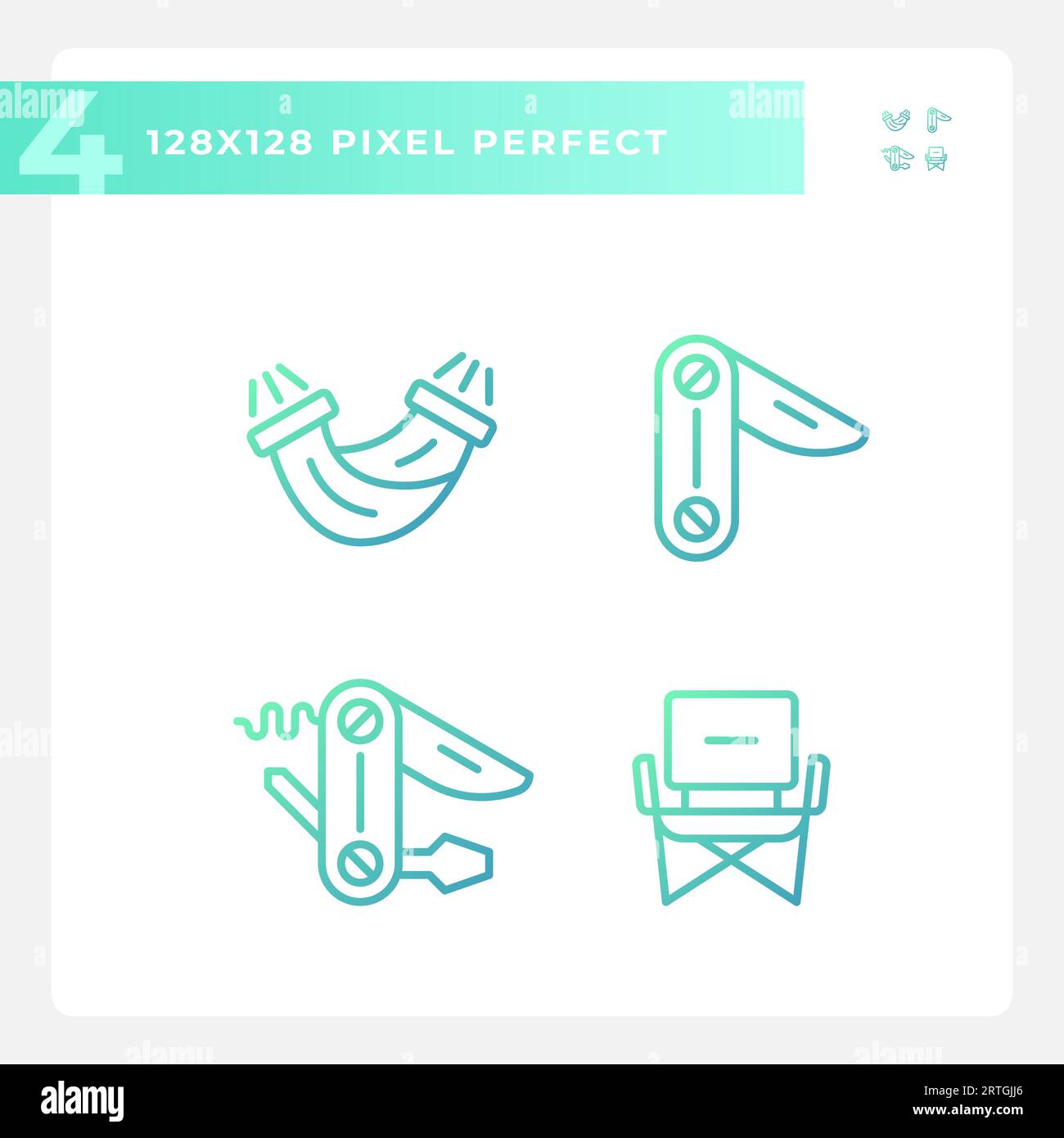 Ensemble d'icônes d'équipement de randonnée Pixel Perfect Illustration de Vecteur