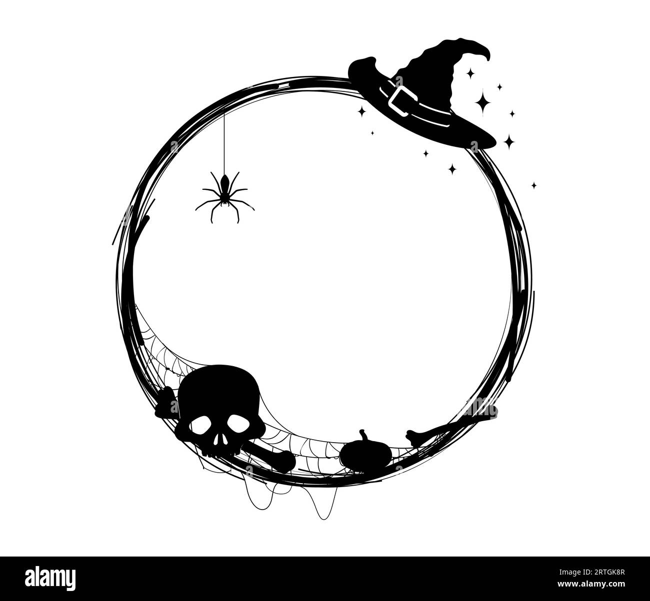 Cadre noir de vacances Halloween, crâne et chapeau de sorcière en toile d'araignée, silhouette de frontière effrayante vecteur. Cadre de bordure de cercle de nuit d'horreur d'Halloween avec citrouille, os de squelette effrayant et araignée en toile d'araignée Illustration de Vecteur