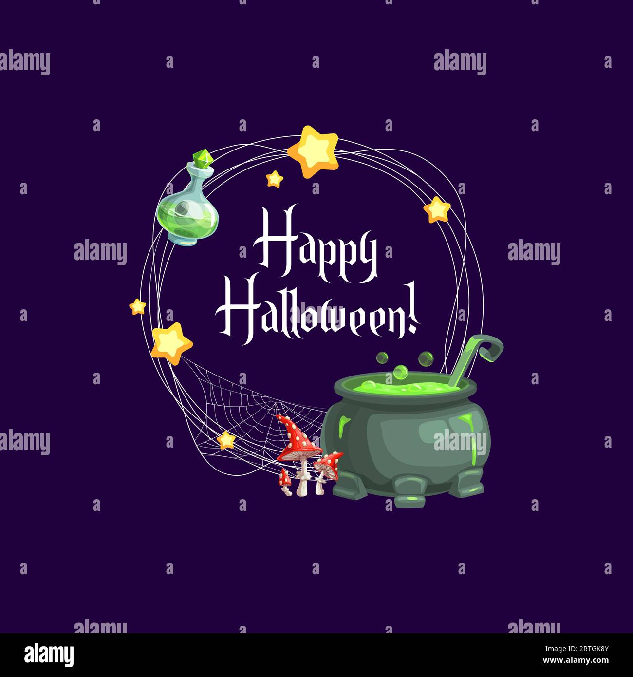 Cadre de vacances Halloween avec chaudron de sorcière, bouteille de potion et champignons amanita. Vector frontière ronde avec le lettrage joyeux Halloween, pot effrayant de dessin animé avec le breuvage vert, et les étoiles brillantes jaunes Illustration de Vecteur