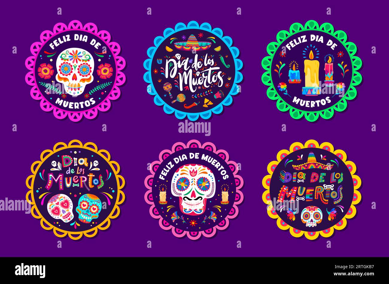 Dia de Los Muertos étiquettes d'autocollants de vacances mexicaines et balises vectorielles avec des crânes de calavera. Sombrero mexicain, maracas et piment avec des bougies dans des cadres picado papel pour stickers Dia de Los Muertos Illustration de Vecteur