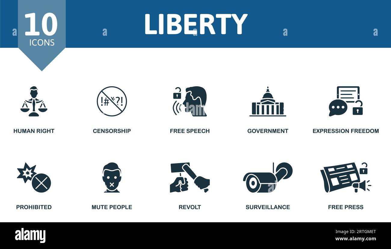 Liberty Set. Icônes créatives : droit de l'homme, censure, liberté d'expression, gouvernement, liberté d'expression, interdit, muet, révolte, surveillance, libre Illustration de Vecteur