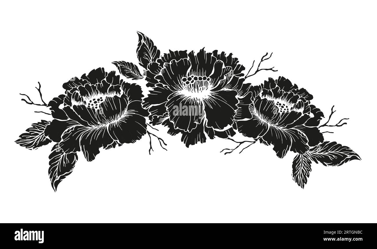 Chines pivoines cadre de couronne de fleurs pour carte de conception ou invitation dessin à l'encre florale dessiné à la main. Silhouette de péon de Chines avec des feuilles Illustration de Vecteur Chines pivoines cadre de couronne de fleurs pour carte de conception ou invitation dessin à l'encre florale dessiné à la main. Silhouette de péon de Chines avec des feuilles Illustration de Vecteur