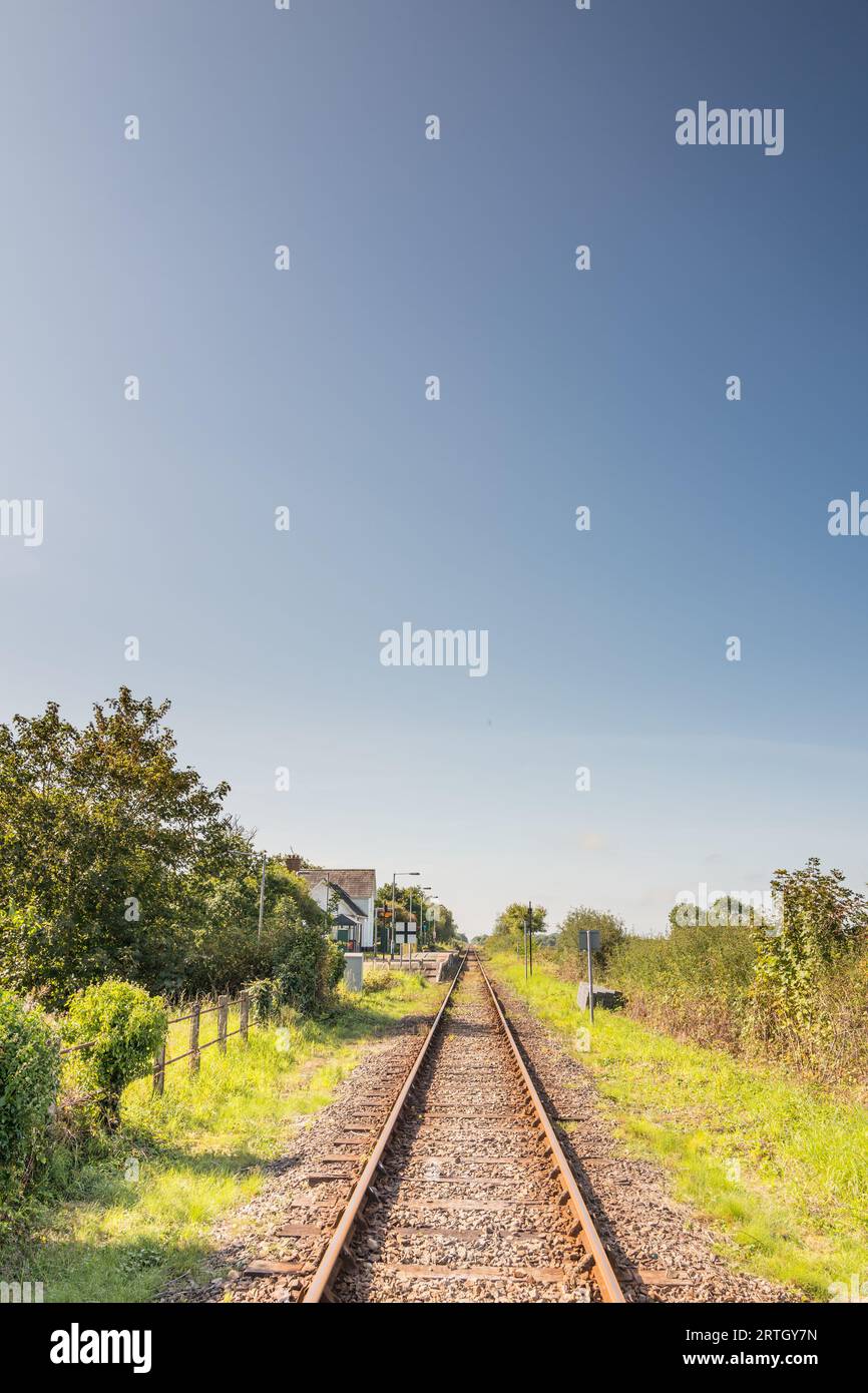 La voie ferrée à ligne unique dans le petit village gallois de Talsarnau, Gwynedd, qui fait partie du système ferroviaire du pays de Galles. Banque D'Images