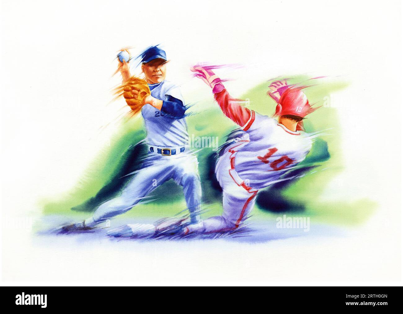 aquarelles de joueurs de baseball offensifs et défensifs Banque D'Images
