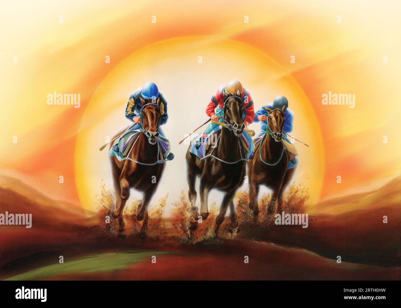 une course de chevaux au crépuscule Banque D'Images