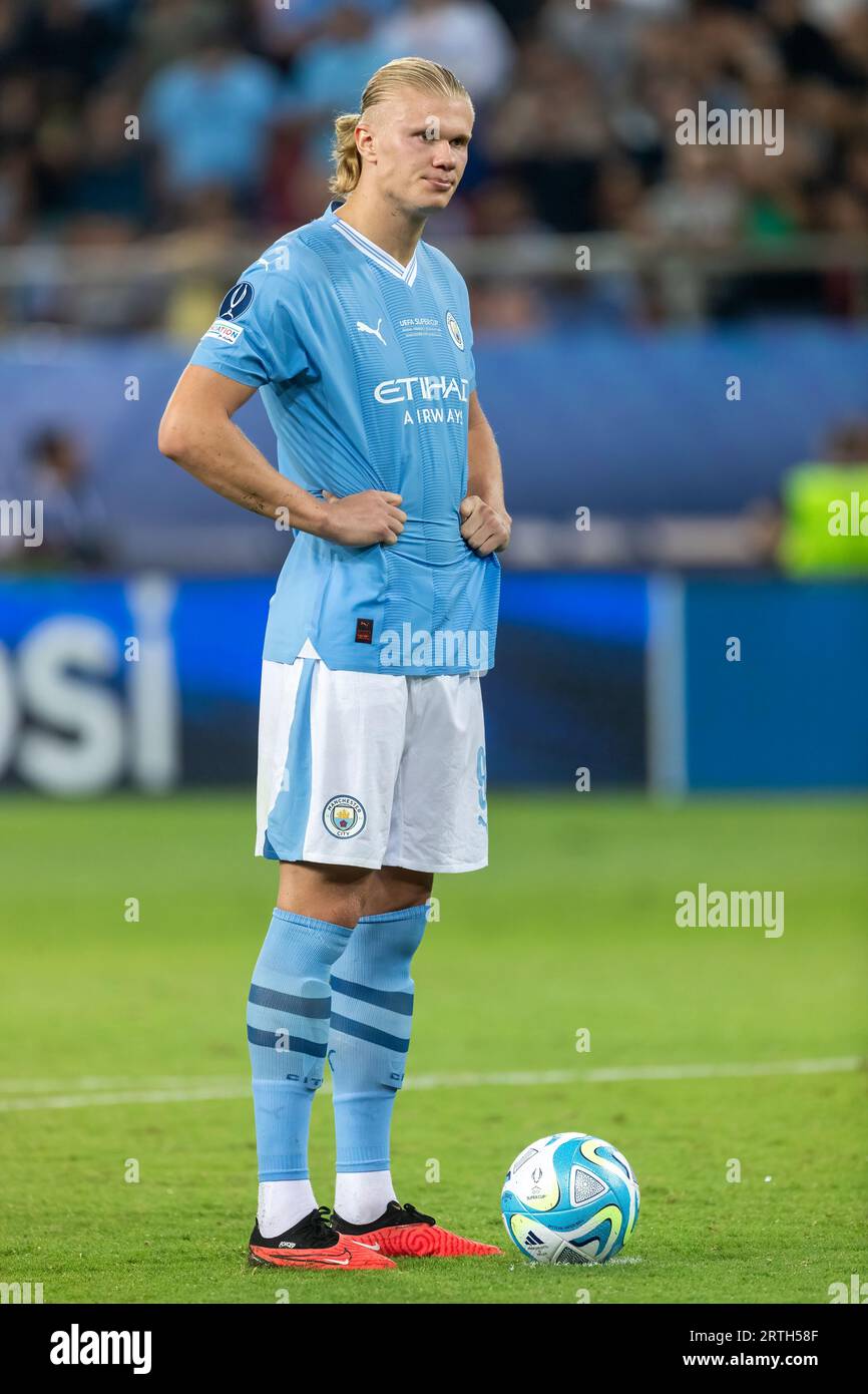 Athènes, Grèce - 16 août 2023 : le joueur de Manchester City Erling Haaland en action lors de la finale de la Super coupe de l'UEFA entre Manchester City et Banque D'Images