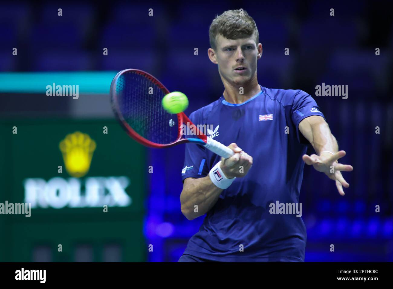 AO Arena, Manchester, Lancashire, Royaume-Uni. 12 septembre 2023. Neal Skupski (GBR) s'entraîne avant le match de phase de groupe des finales de la coupe Davis 2023 entre l'Australie et la Grande-Bretagne Credit : Touchlinepics/Alamy Live News Banque D'Images