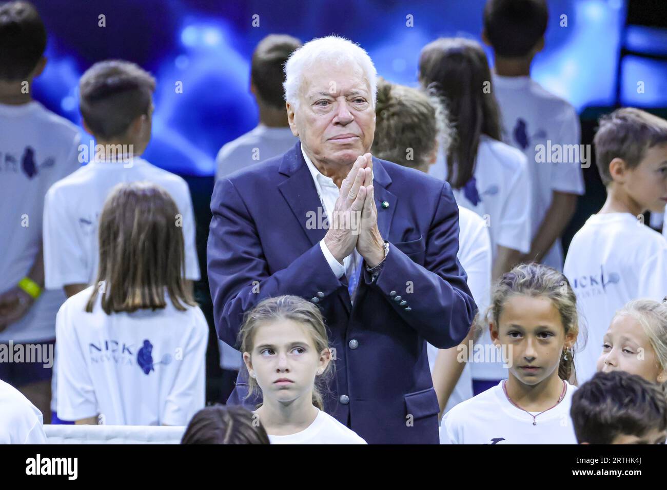 Bologne, Italie. 13 septembre 2023. Bologne le 12/09/23, le joueur de tennis italien Nicola Pietrangeli fête son quatre-vingt-dixième anniversaire à la coupe Davis 2023 Groupe A à l'Unipol Arena de Bologne le 12/09/23 Credit : Independent photo Agency/Alamy Live News Banque D'Images