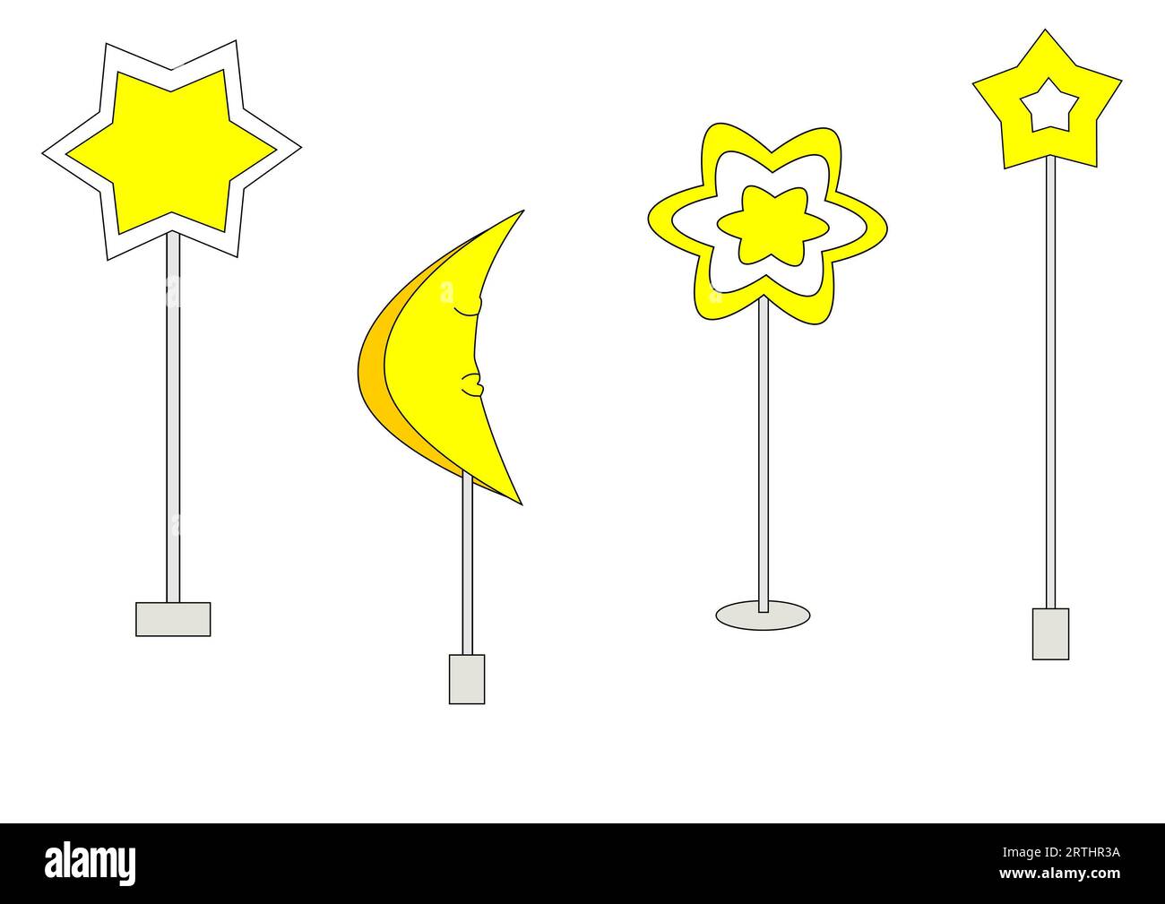 Soleil, lune et étoiles sur stands, article décoratif, illustration Banque D'Images