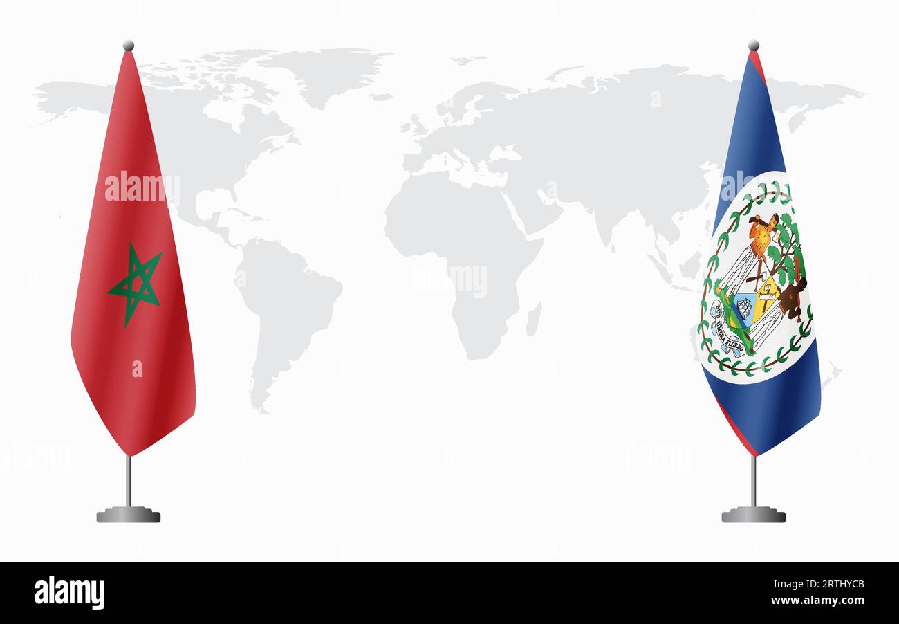 Drapeaux du Maroc et du Belize pour la réunion officielle sur fond de carte du monde. Illustration de Vecteur