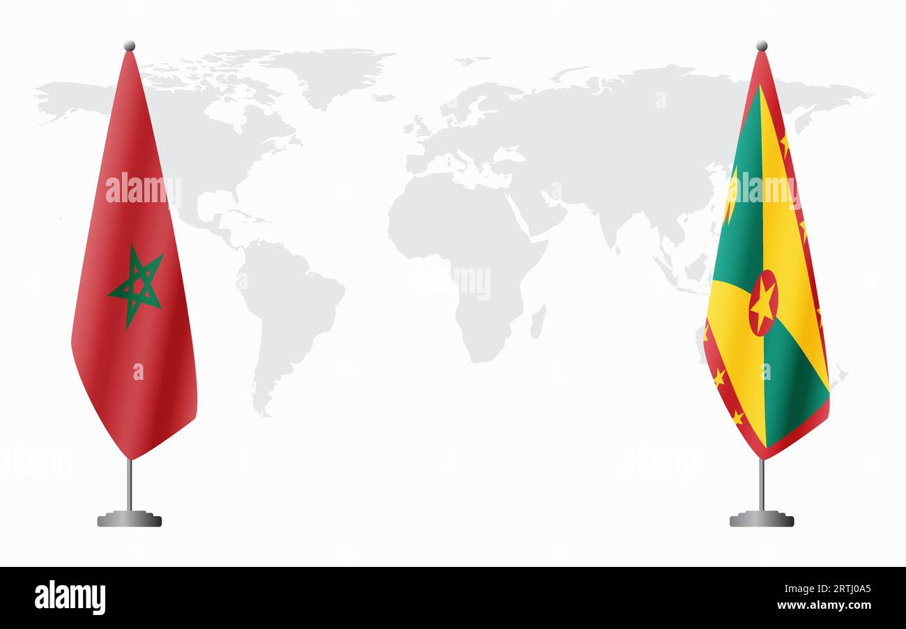 Drapeaux du Maroc et de la Grenade pour la réunion officielle sur fond de carte du monde. Illustration de Vecteur