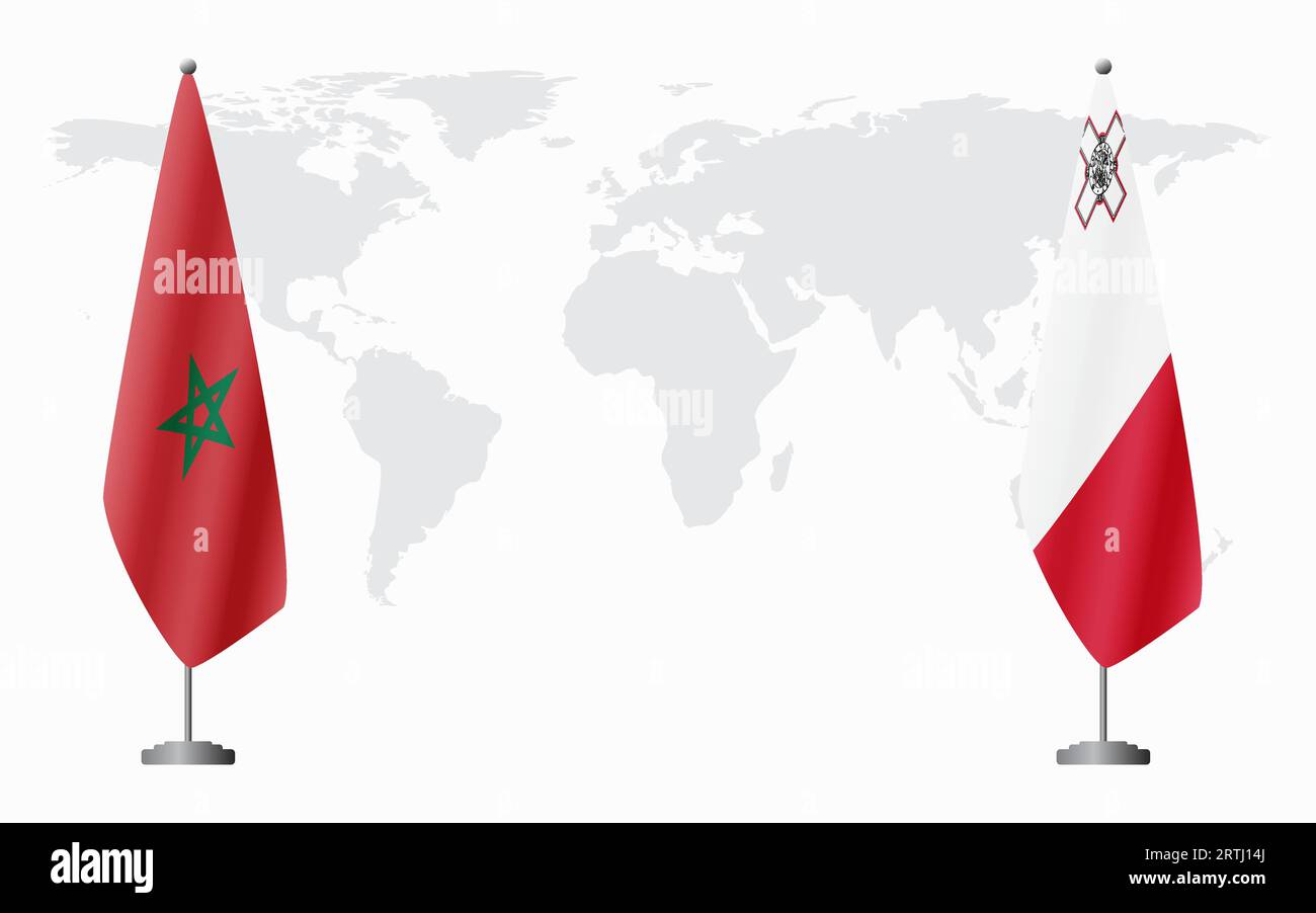 Drapeaux du Maroc et de Malte pour la réunion officielle sur fond de carte du monde. Illustration de Vecteur