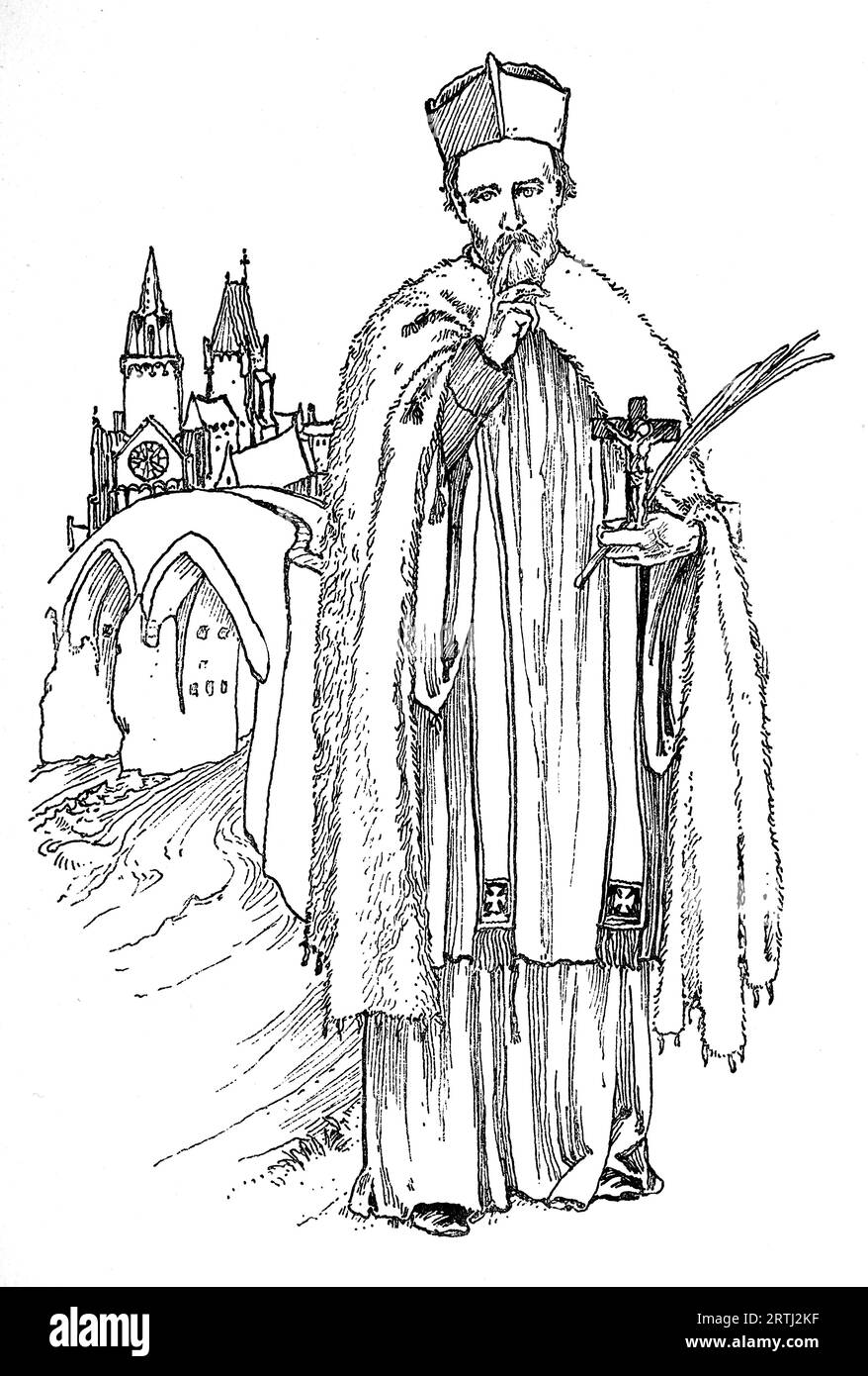 Saint Jean de Nepomuk (ou Jean Népomucène), un saint bohémien qui s'est noyé à la demande du roi Venceslas IV de Bohême. Gravure de vies des Saints (mai) de Sabin Baring-Gould, 1897. Banque D'Images