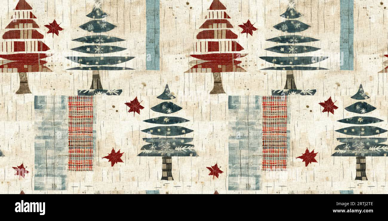 Chalet de noël rustique avec effet de tissu de couture à la main primitive. bordure. Garniture de ruban homespun chic et nostalgique douillet avec americana Banque D'Images