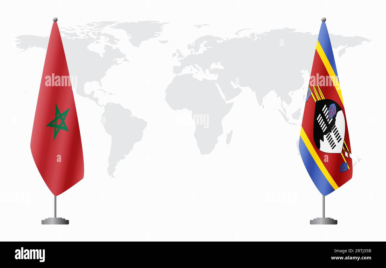 Maroc et Royaume d'eSwatini - Swaziland drapeaux pour réunion officielle sur fond de carte du monde. Illustration de Vecteur