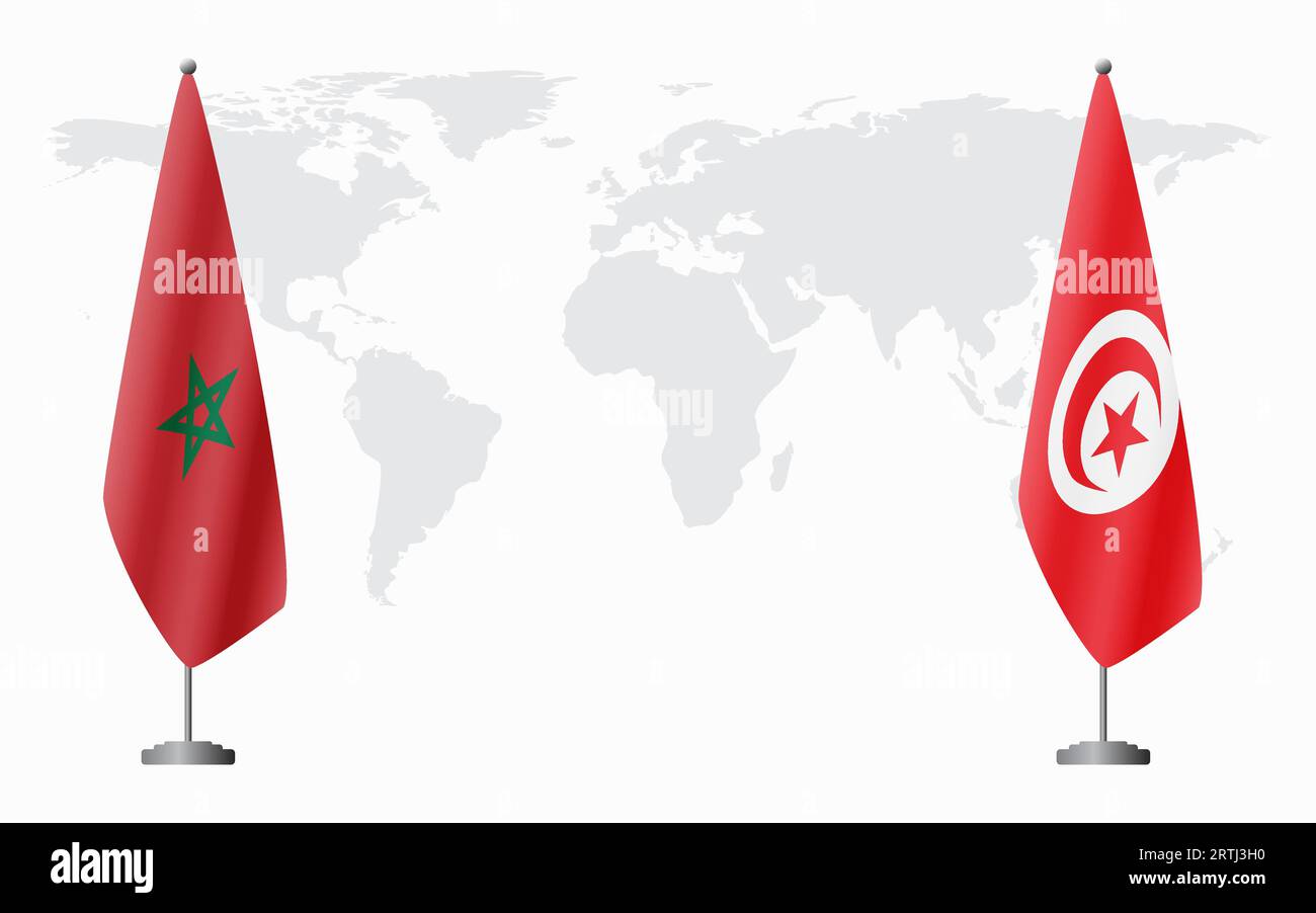 Drapeaux du Maroc et de la Tunisie pour la réunion officielle sur fond de carte du monde. Illustration de Vecteur