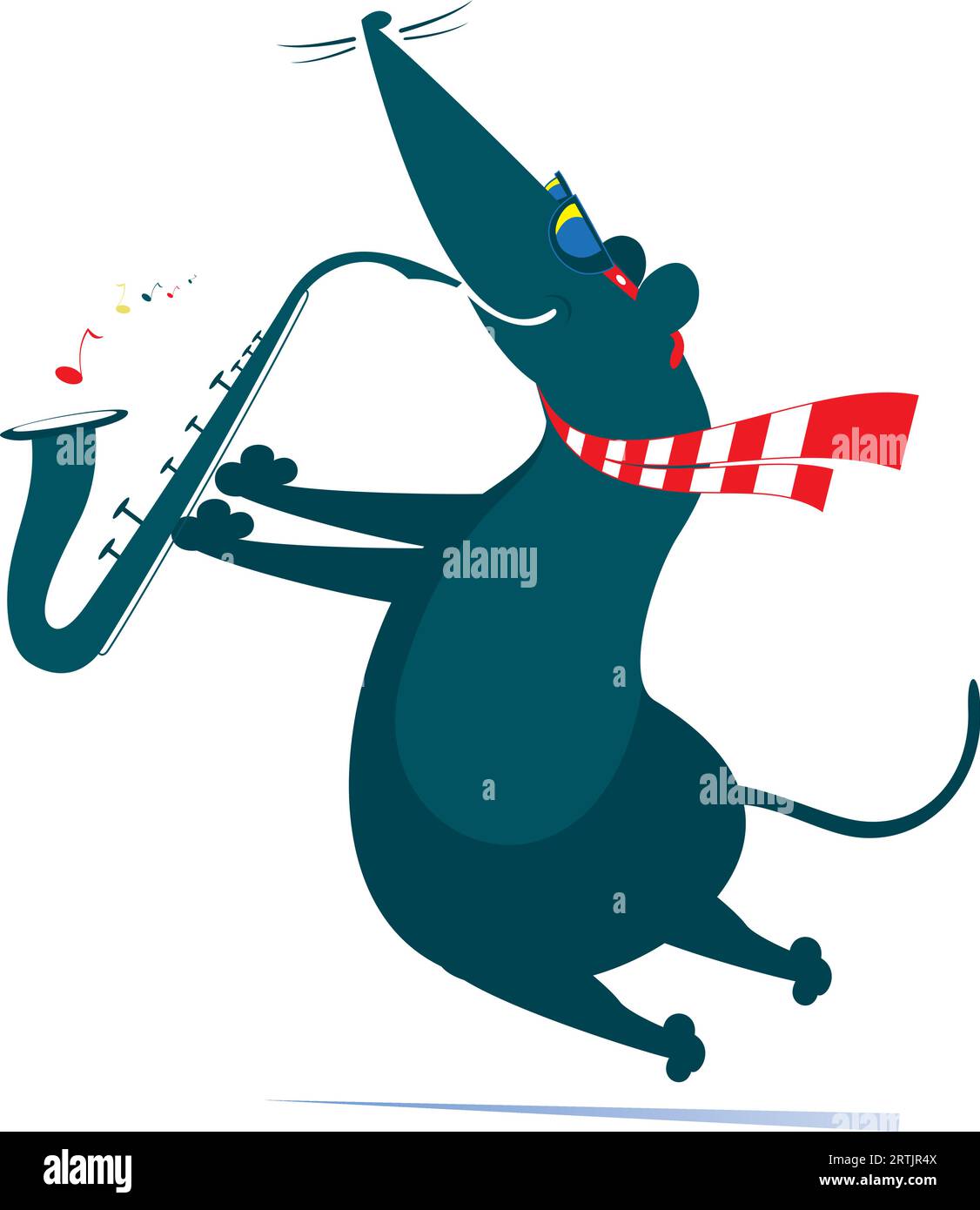 Rat ou souris de dessin animé jouant de la musique sur saxophone avec inspiration. Isolé sur fond blanc Illustration de Vecteur